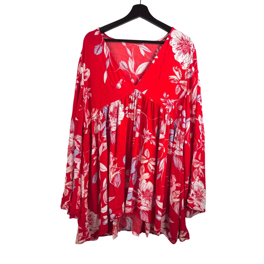 Free People Bella floral Tunic sz‎ M Red Floral V-Neck beach Babydoll Boho Top